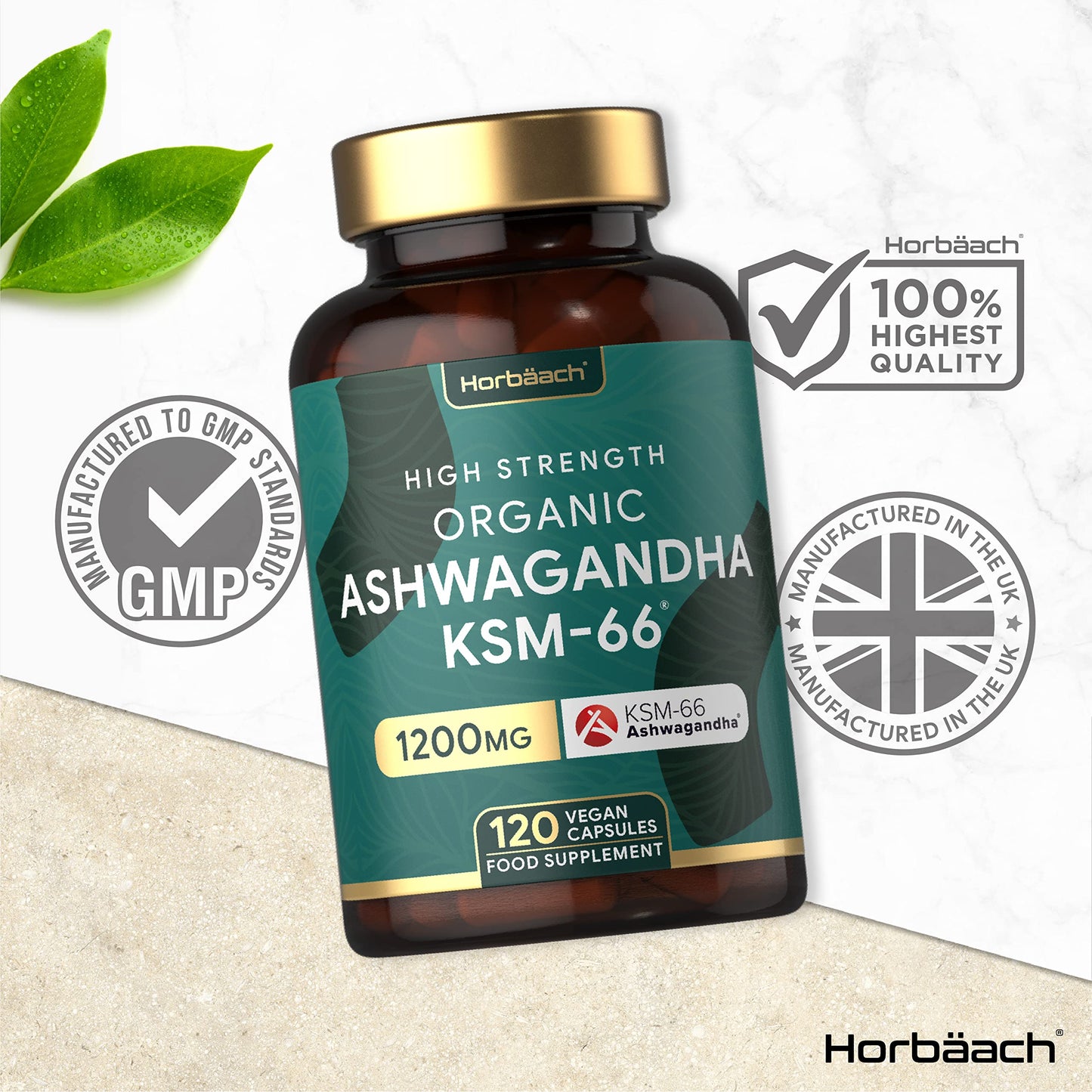 Organic Ashwagandha KSM-66 1200mg | 120 Count | Vegan Powder Capsule Supplement | by Horbaach