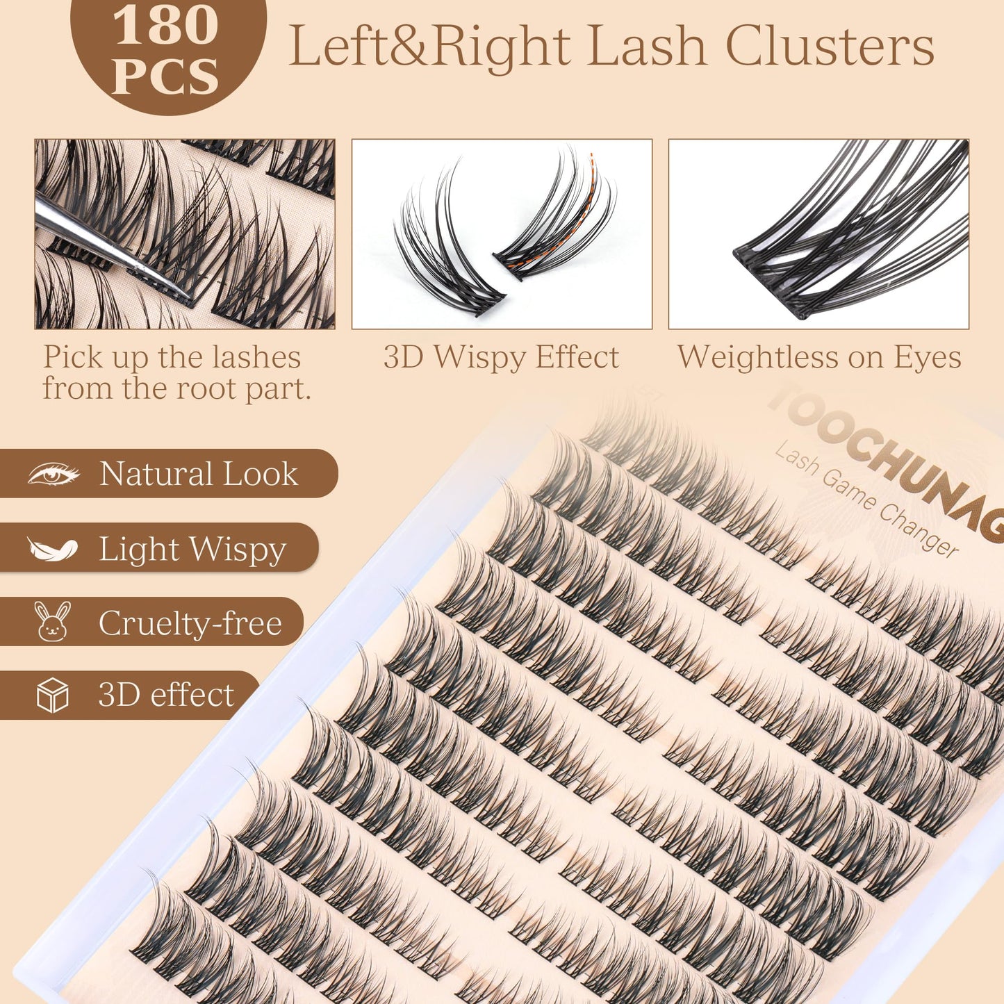 TOOCHUNAG Natural Lash Clusters 180pcs Individual Eyelashes Wispy Cluster Lashes 7-15mm C Curl Eyelash Clusters Left&Right DIY Individual Lashes Extension