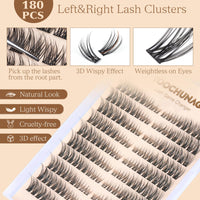 TOOCHUNAG Natural Lash Clusters 180pcs Individual Eyelashes Wispy Cluster Lashes 7-15mm C Curl Eyelash Clusters Left&Right DIY Individual Lashes Extension