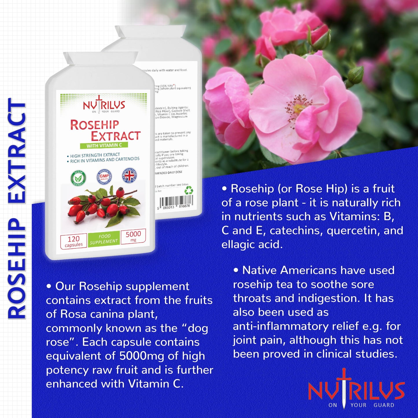 Nutrilus Rosehip Extract 120 Capsules 5000mg - High Strength Vegan Supplement - Rosa canina with Vitamin C - Bones & Cartilage - UK Made