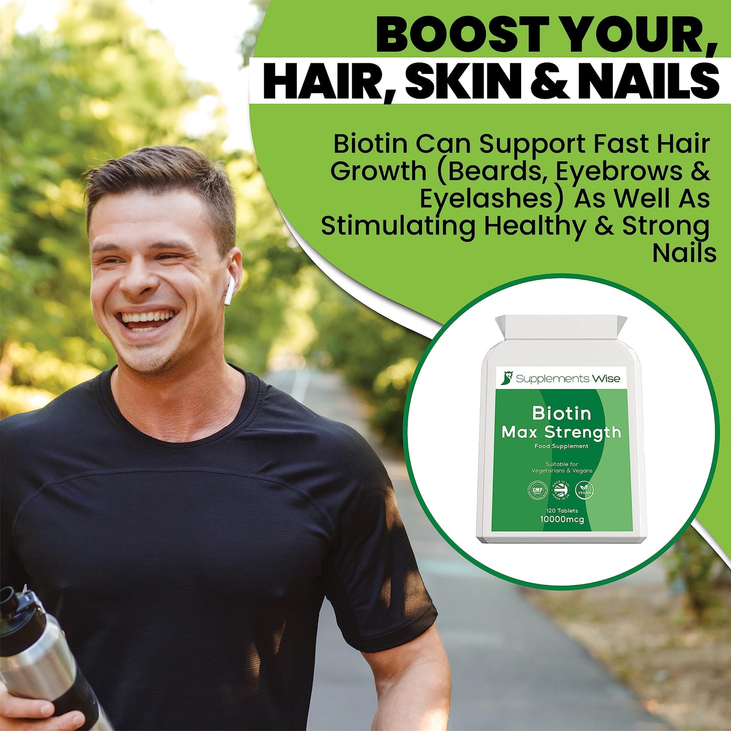 Supplements Wise Biotin Hair Growth Supplement- 120 X 10000mcg Biotin Tablets - Thicker Hair and Fuller Beard - Faster Nail Growth - Healthy Skin - For Men or Women - Max Strength Hair Vitamins - Vitamin B7 Supplement