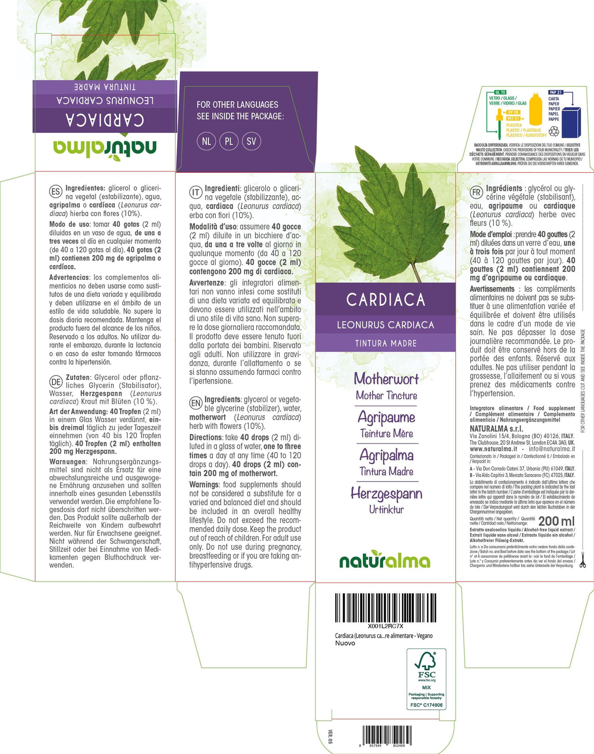 Motherwort (Leonurus cardiaca) herb with Flowers Alcohol-Free Mother Tincture Naturalma - Liquid Extract Drops 200 ml - Food Supplement - Vegan