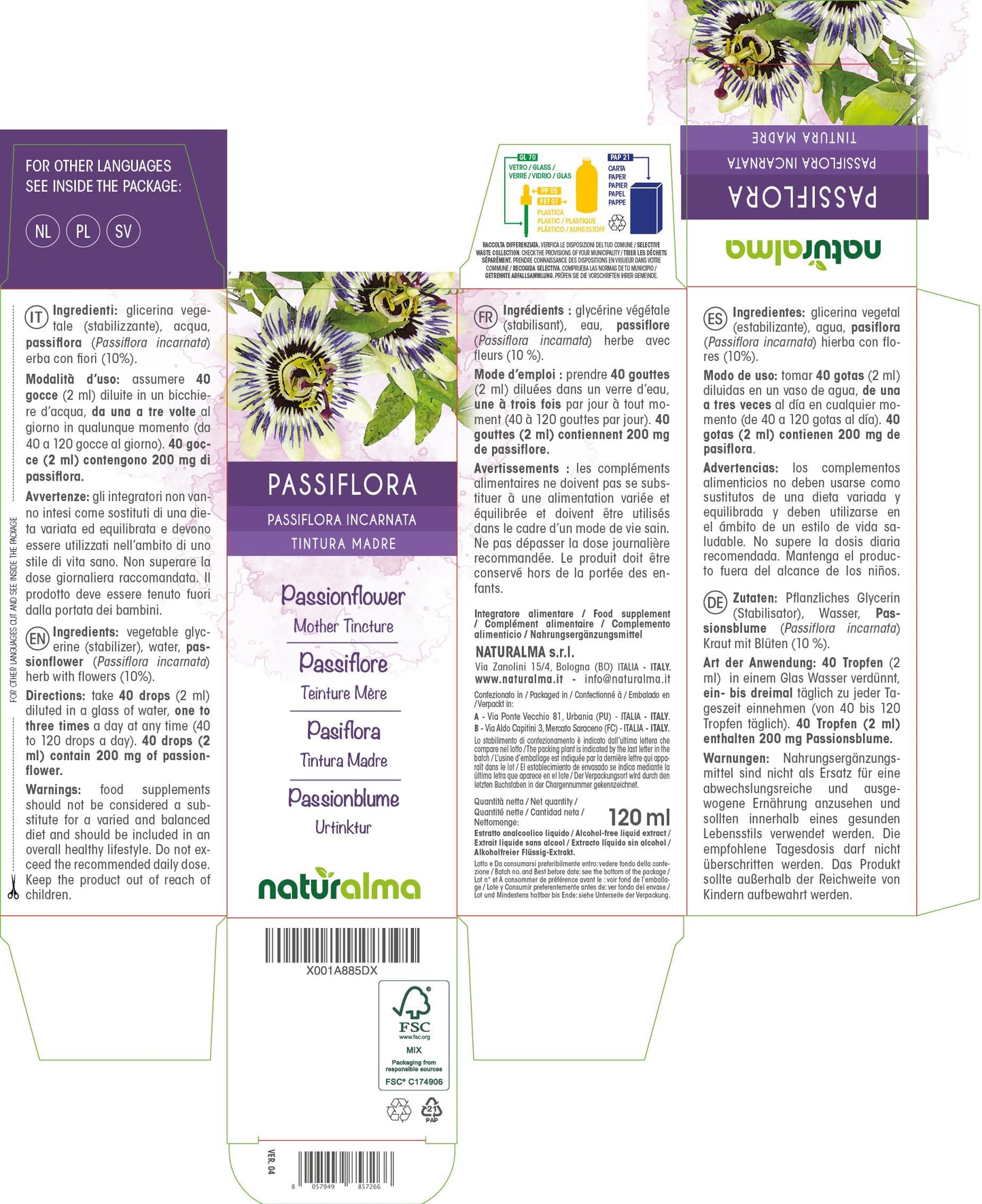 Passionflower (Passiflora incarnata) herb with Flowers Alcohol-Free Mother Tincture Naturalma | Liquid Extract Drops 120 ml | Food Supplement | Vegan