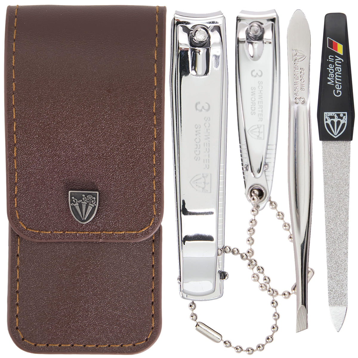 3 Swords Germany - manicure set with finger and toe nail clipper tweezers and nail file in brown synthetic leather case - brand quality