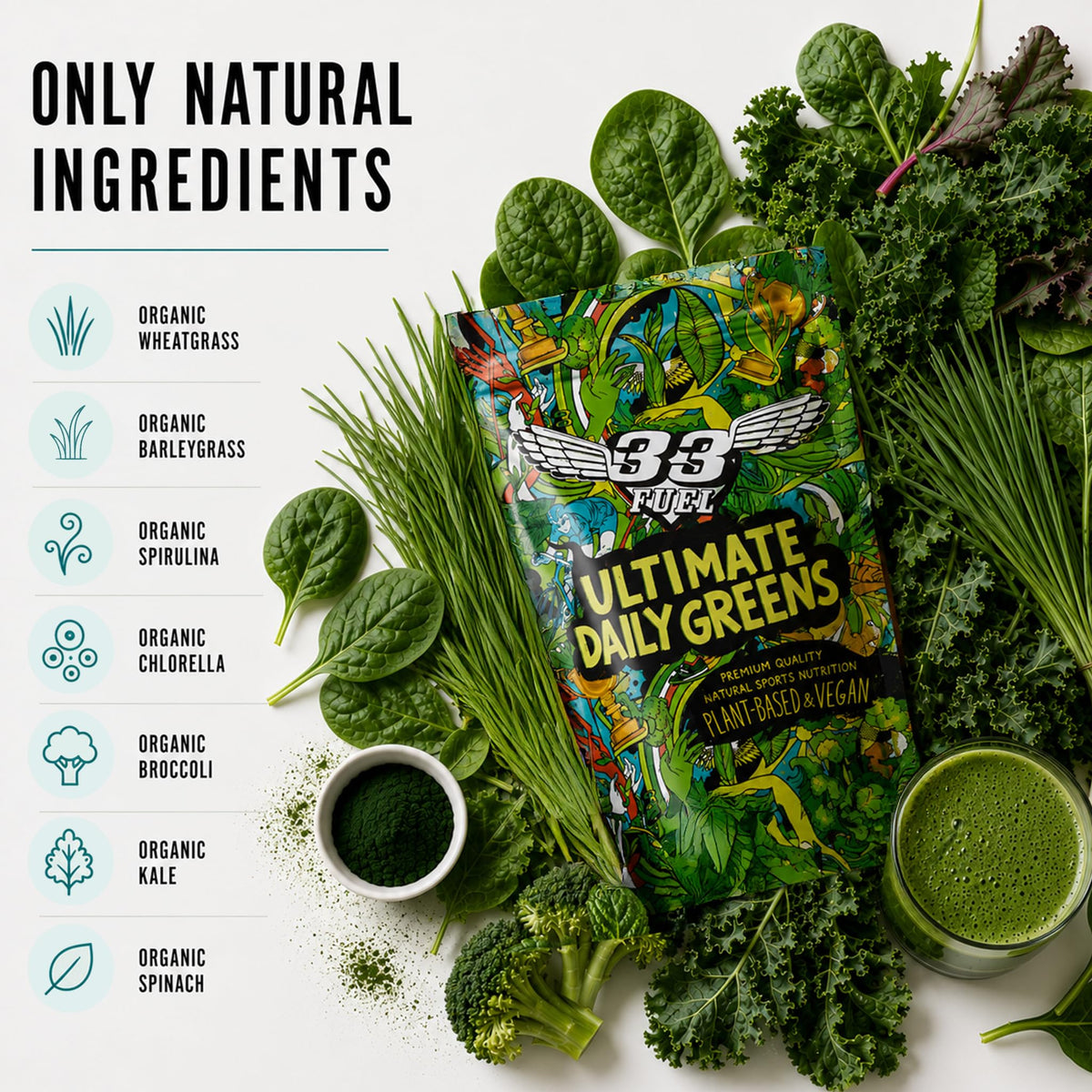 33Fuel Daily Greens Powder - UPF-Free Premium Superfood & Fibre Blend for Gut Health with only Natural Ingredients, Daily Greens Super Blend, Vegan, Handmade in the UK – Orange