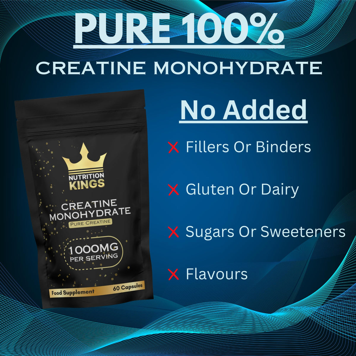 Nutrition Kings Creatine Monohydrate 1000mg – 60 Vegan Capsules – Muscle Growth, Strength, Endurance, Workout Recovery – Vegan Supplement