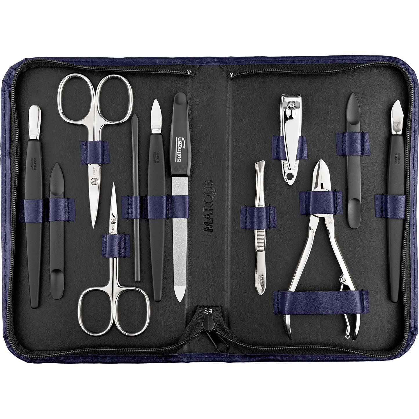 marQus Solingen Manicure Set for Women and Men - 12-Piece Professional Pedicure Kit - Presented in a Genuine Leather Case - Perfect for Travel, as a Gift, or for Home Use, Darkblue