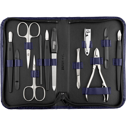 marQus Solingen Manicure Set for Women and Men - 12-Piece Professional Pedicure Kit - Presented in a Genuine Leather Case - Perfect for Travel, as a Gift, or for Home Use, Darkblue