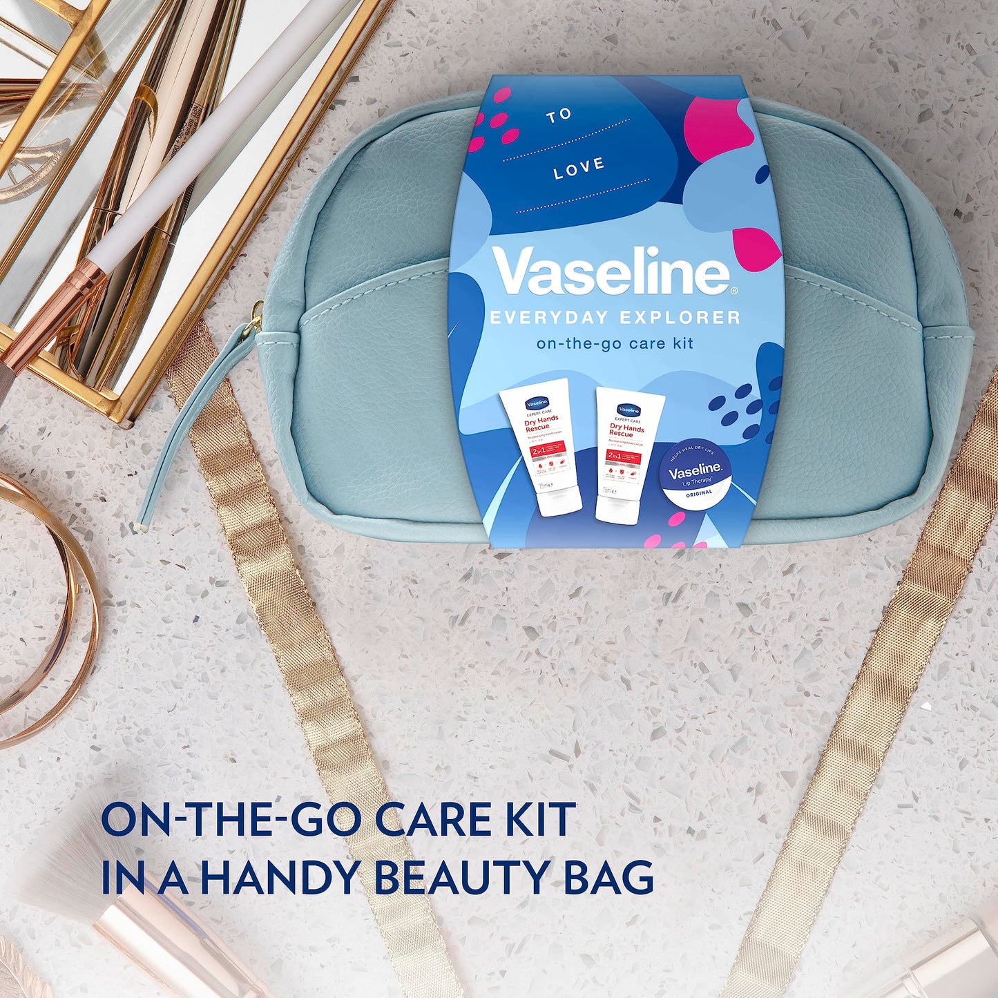 Vaseline On-The-Go Beauty Bag Gift Set with 2 anti-bac hand creams and a lip balm for moisturised lips and hands 3 piece