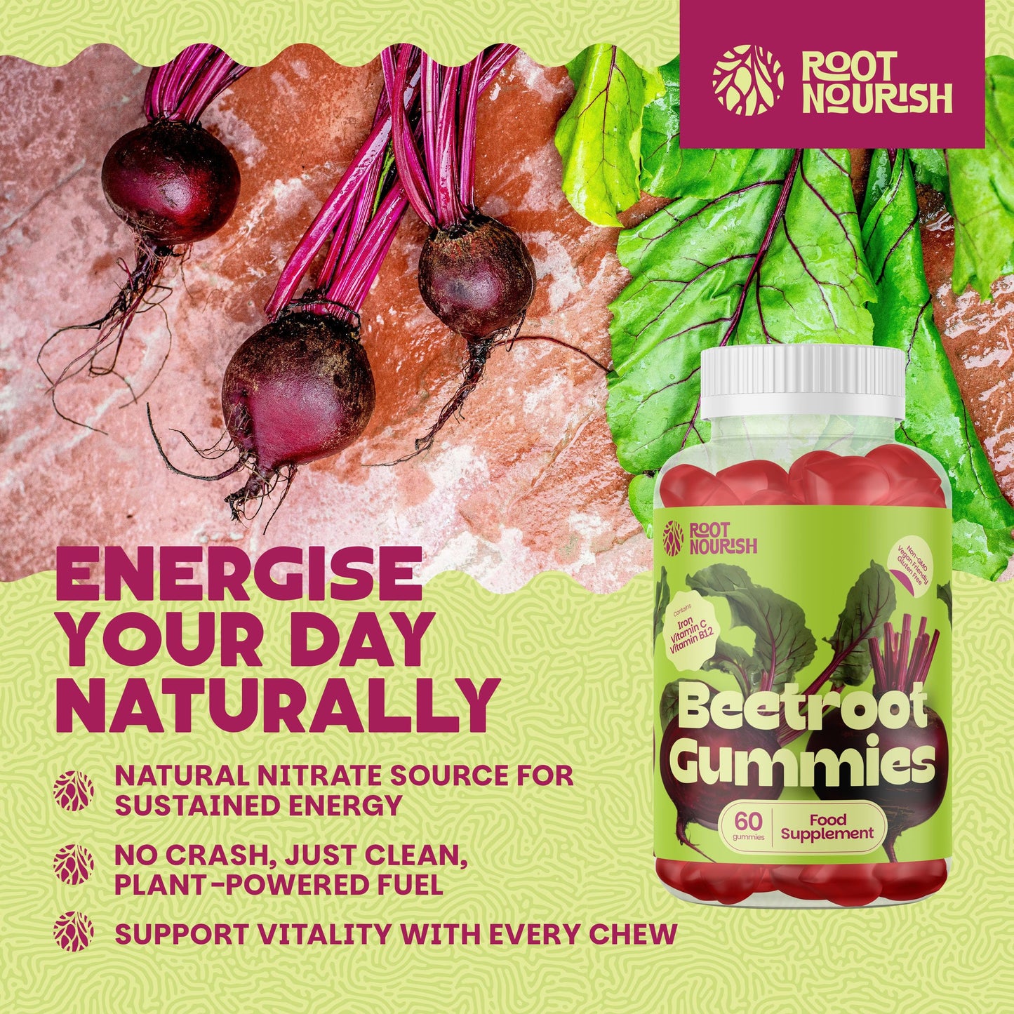 RootNourish Beetroot Gummies – High Strength Iron, Vitamin C, B12 & Folic Acid Supplement for Energy, Circulation, Tiredness & Immune Support – 60 Gummies