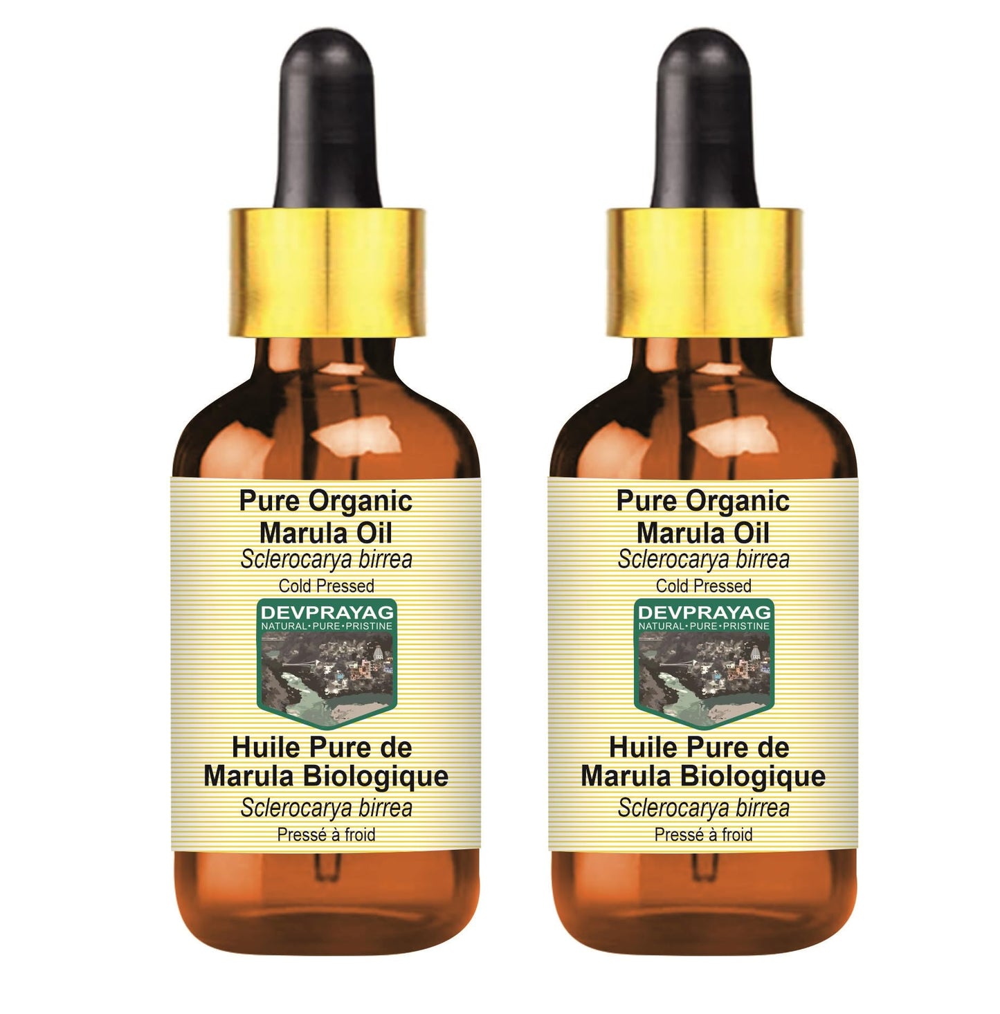 DEVPRAYAG Devprayag Pure Organic Marula Oil (Sclerocarya birrea) with Glass Dropper Natural Therapeutic Grade Cold Pressed (Pack of Two) 100ml x 2 (6.76 oz)