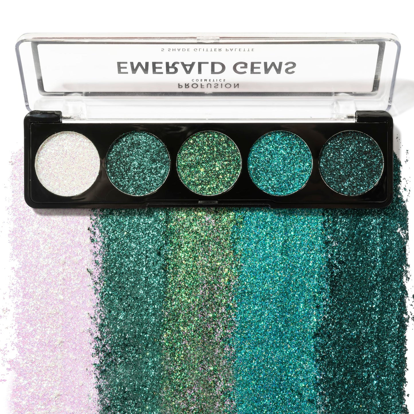 Profusion Cosmetics 5 Shade Glitter Eyeshadow Palette - Vibrant Pressed Pigments with Built-In Primer and Dazzling Shine for Long-Wearing Sparkle Makeup Looks (Emerald Gems)