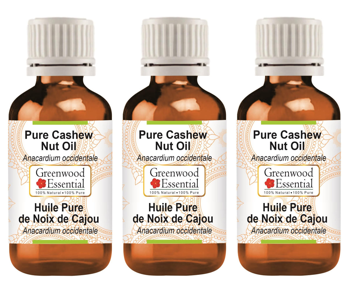 Greenwood Essential Pure Cashew Nut Oil (Anacardium occidentale) Premium Therapeutic Grade for Hair, Skin & Aromatherapy (Pack of Three) 100ml X 3 (10 oz)