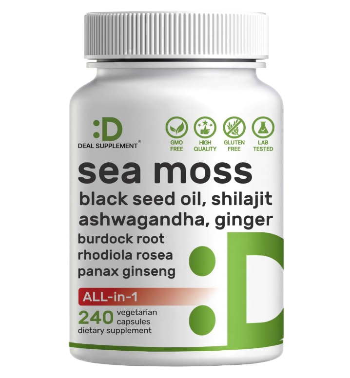 Irish Sea Moss 7000mg Per Serving, 240 Veggie Capsules –3000mg Black Seed Oil, 2000mg Ashwagandha, 600mg Ginger