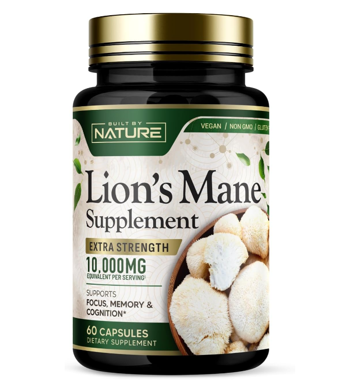 Built by Nature Lion’s Mane 10,000mg – Extra Strength Mushroom Supplement for Nootropic Brain Support - 60 Capsules