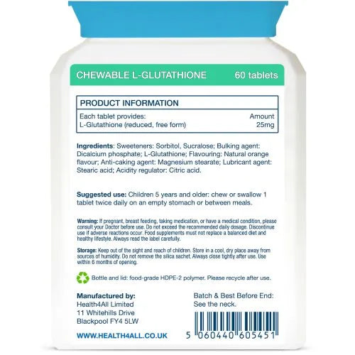 Health4All Kids L-Glutathione 90 25mg Chewable Tablets, Orange Flavored