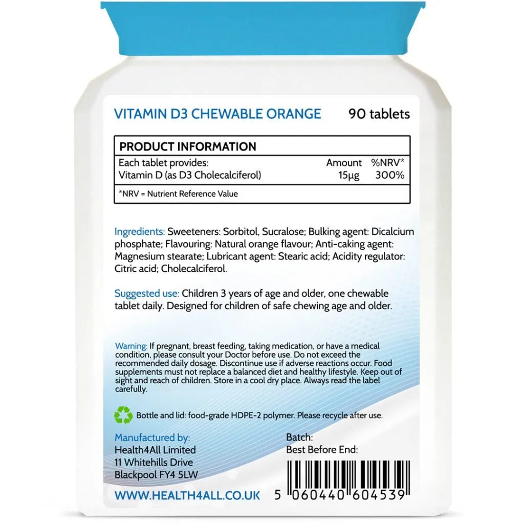 Health4All Kids Vitamin D3 90 600iu Chewable Tablets, Orange Flavoured