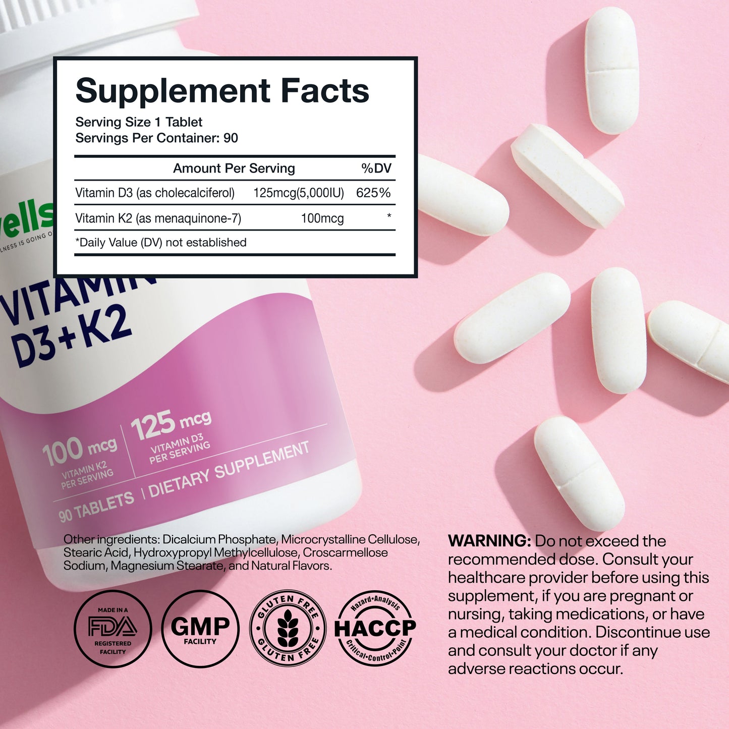 Wellsgoing Vitamin D3 + K2 5000 IU – Bone, Teeth & Immune Support (90 Tablets)