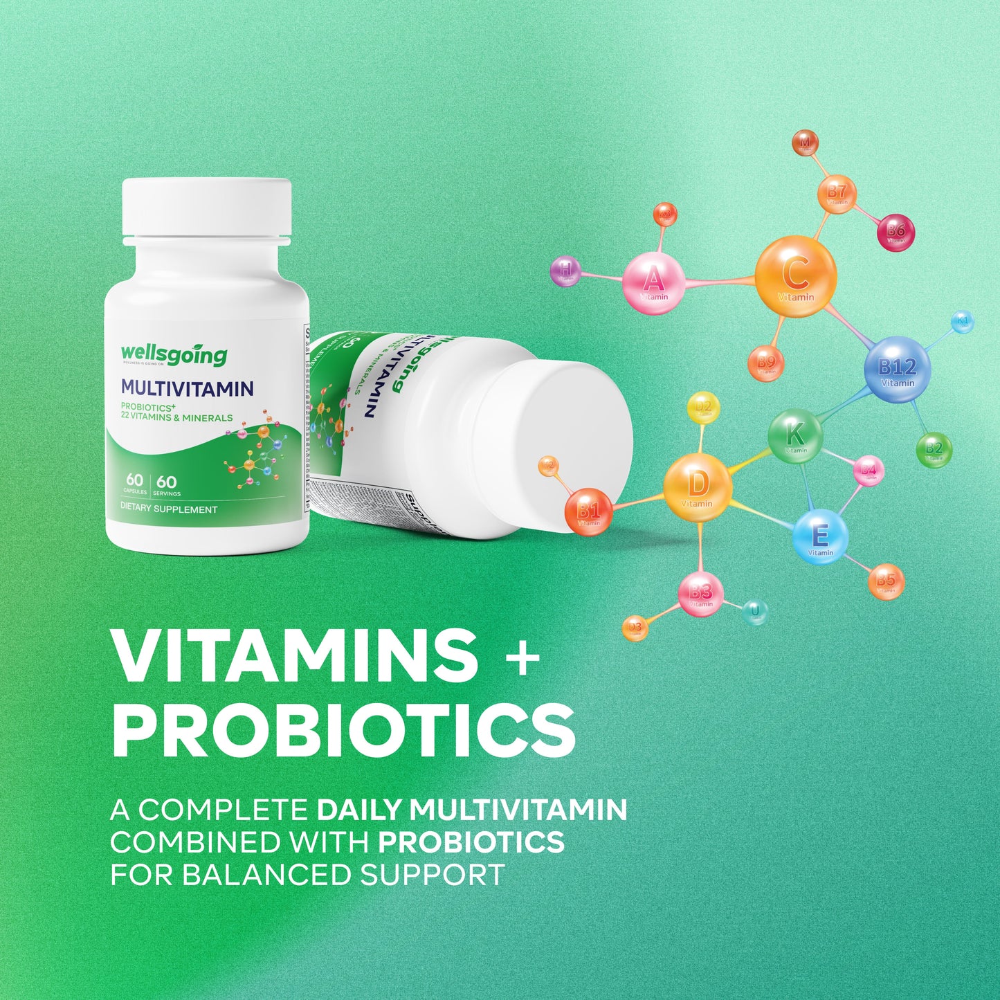 Wellsgoing Multivitamin with Probiotics – Daily Nutrition & Digestive Support (60 Capsules)