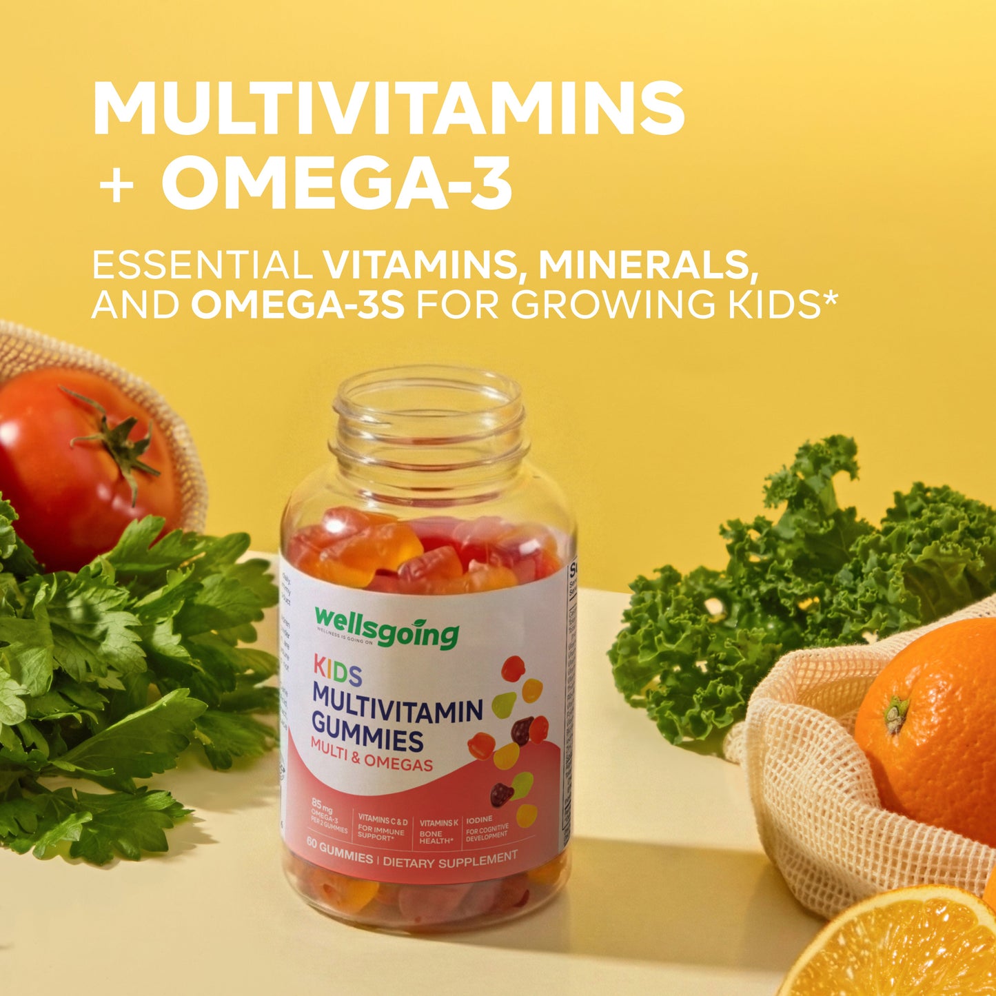 Wellsgoing Kids Multivitamin Gummies with Omega-3 – Vitamins C, D & Zinc (60 Gummies)