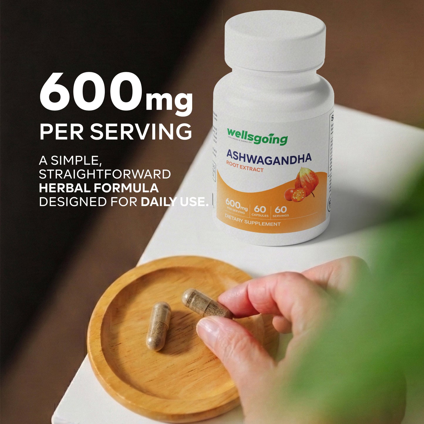 Wellsgoing Ashwagandha 600 mg – Stress & Wellness Support (60 Capsules)