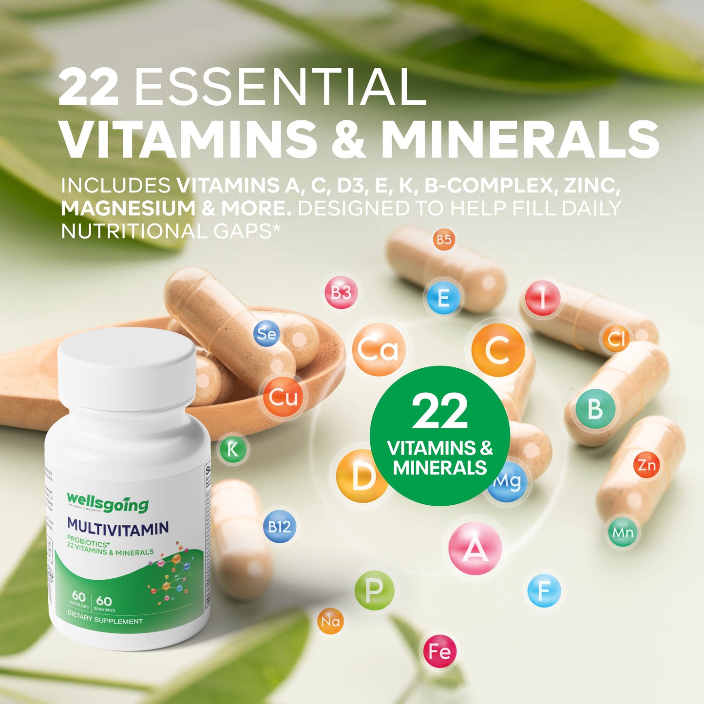 Wellsgoing Multivitamin with Probiotics – Daily Nutrition & Digestive Support (60 Capsules)