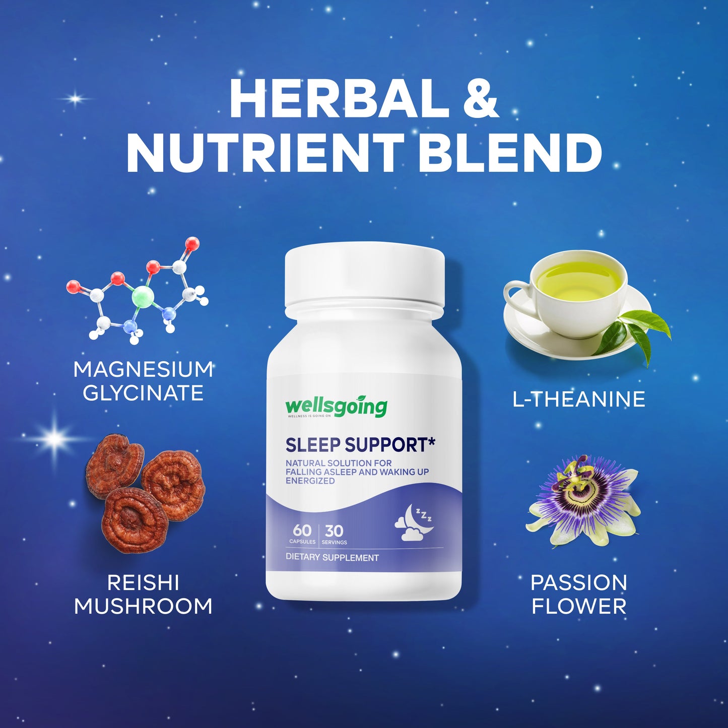 Wellsgoing Sleep Support – Melatonin-Free Relaxation Formula (60 Capsules)