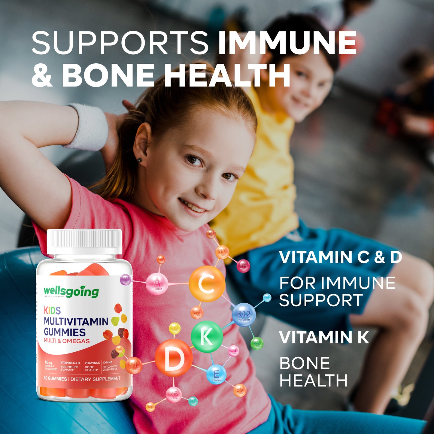 Wellsgoing Kids Multivitamin Gummies with Omega-3 – Vitamins C, D & Zinc (60 Gummies)