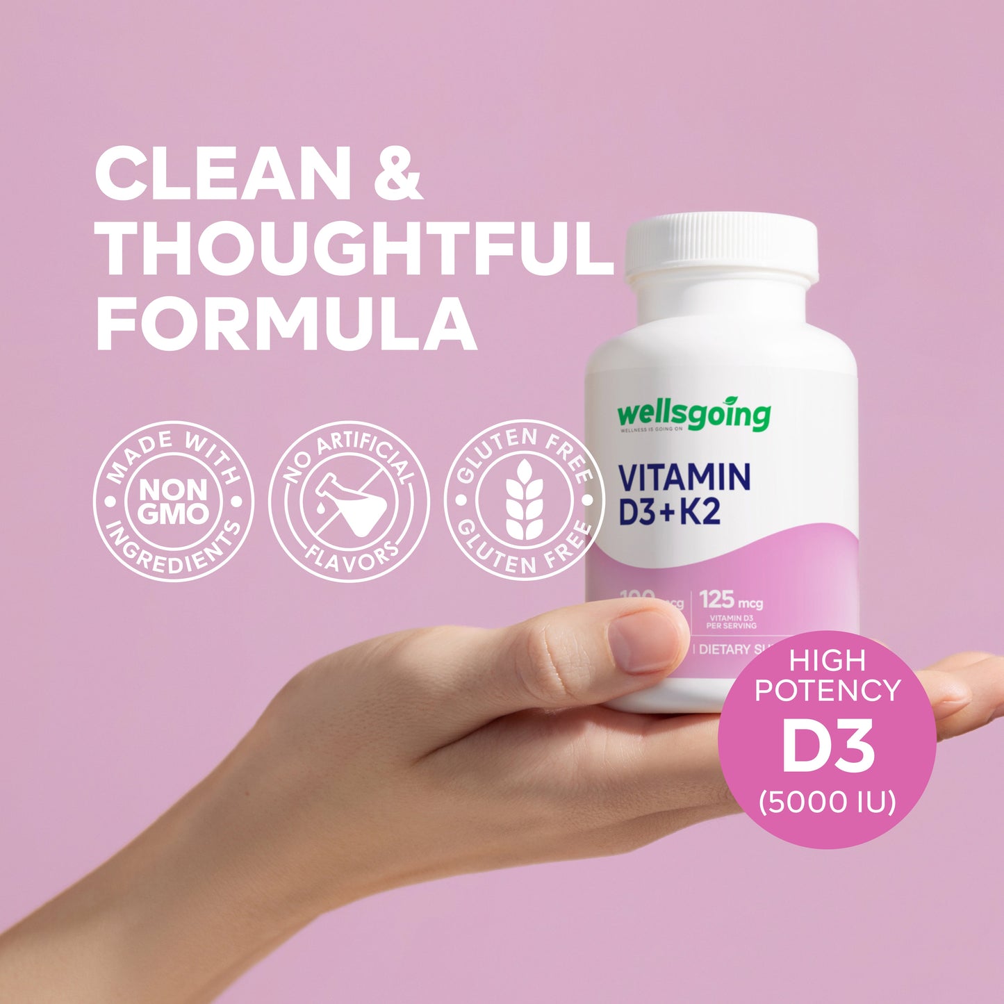 Wellsgoing Vitamin D3 + K2 5000 IU – Bone, Teeth & Immune Support (90 Tablets)