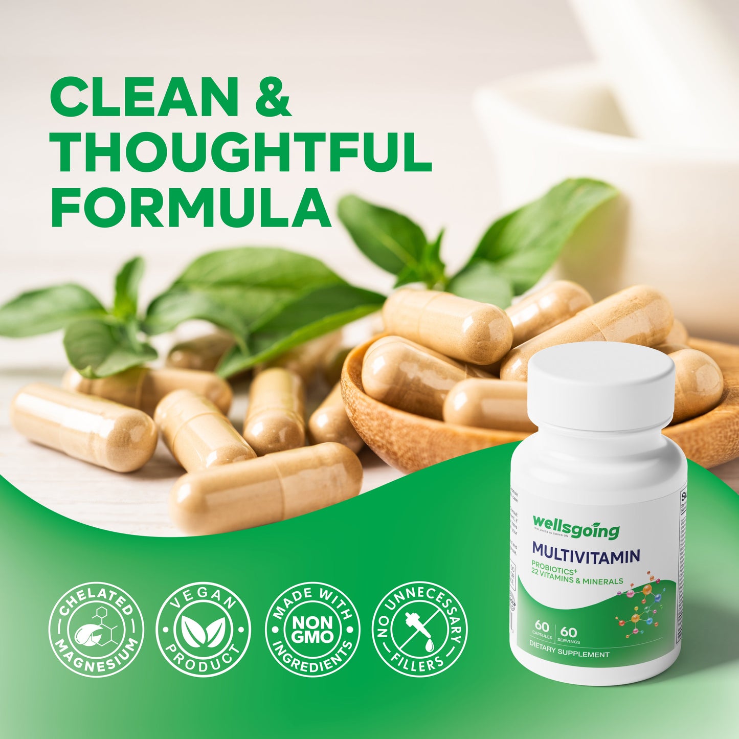 Wellsgoing Multivitamin with Probiotics – Daily Nutrition & Digestive Support (60 Capsules)