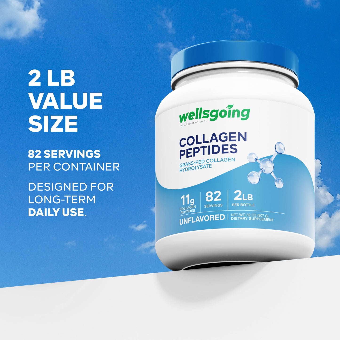 Wellsgoing Grass-Fed Collagen Peptides Powder – Hair, Skin & Joint Support (2 lb)