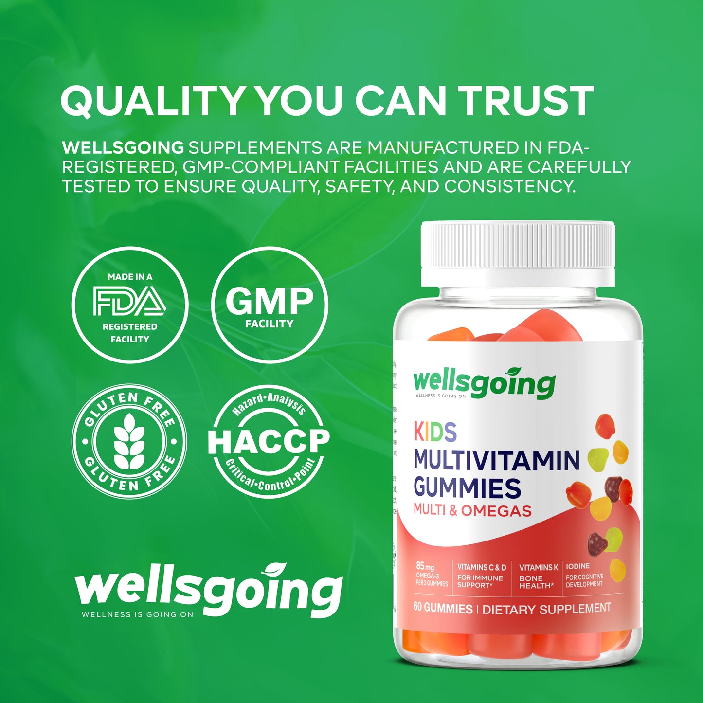 Wellsgoing Kids Multivitamin Gummies with Omega-3 – Vitamins C, D & Zinc (60 Gummies)