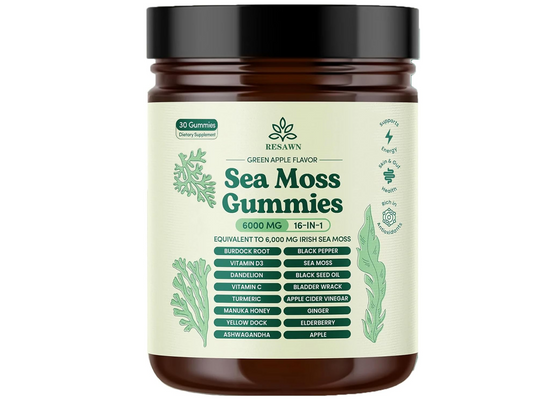 Resawn Sea Moss 16-in-1 Gummies - 6,000 mg Supplement, Green Apple Flavor, 30 Gummies