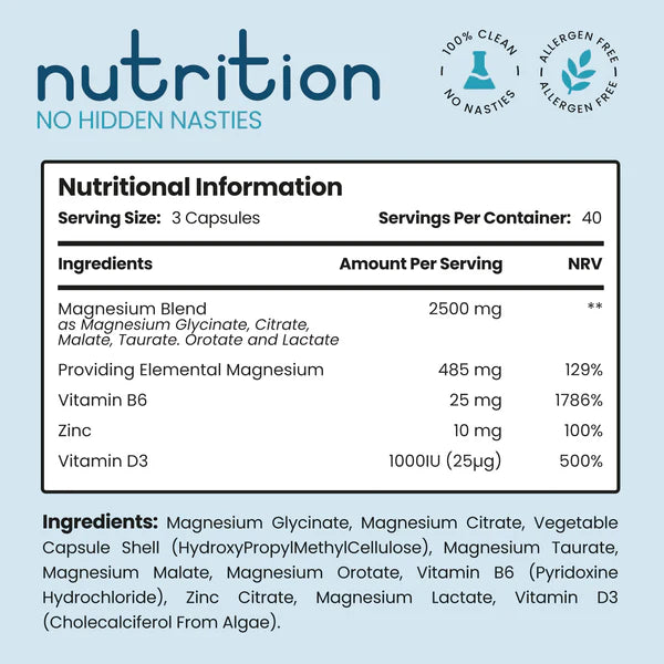 VitaBright Magnesium Glycinate 6-in-1 Complex 2500mg, 485mg Elemental Magnesium Supplements High Strength, With Zinc, Vitamin D3 & B6, 120 Capsules