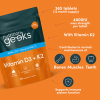 Nutrition Geeks Vitamin D3 4000iu + Vitamin K2 (MK7), 12 months supply (365 tablets)