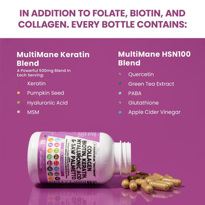 Clean Nutraceuticals Collagen Pills 1000mg Biotin 10000mcg Keratin Saw Palmetto 2500mg Hyaluronic Acid - Hair Skin and Nails Vitamins and DHT Blocker with Vitamin E Folic Acid Pumpkin Seed MSM Made in USA - 90 Count