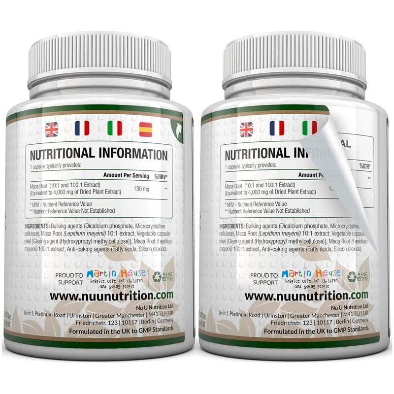 Nu U Nutrition Maca Root Capsules 4000mg - 180 Vegan Capsules - 6 Month Supply - High Strength Peruvian Maca Root for Men & Women - Made in The UK