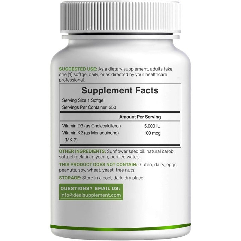 DEAL SUPPLEMENT Vitamin D3 K2 5000IU Softgel, 2-1 Complex, 250 Count