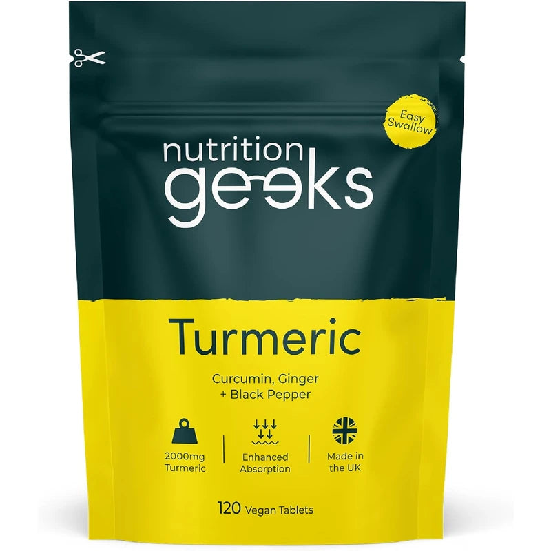 Nutrition Geeks Turmeric Tablets 2000 mg with Black Pepper & Ginger, High Strength Curcumin Supplements, Vegan and Gluten Free, UK Made, 120 Count