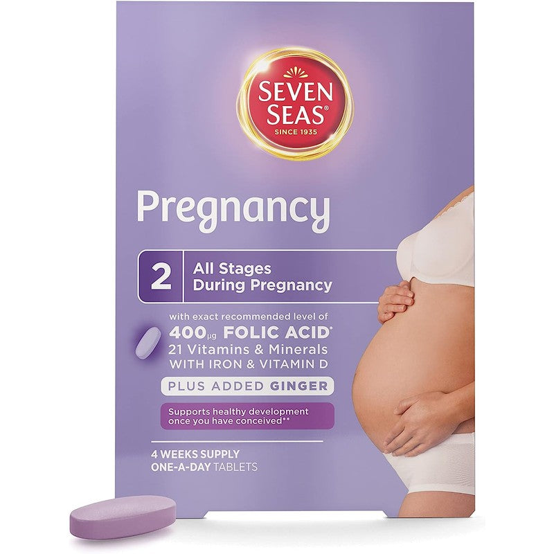 Seven Seas 400 mg Folic Acid Pregnancy Multivitamin For Women, 28 Tablets, All Stages Of Pregnancy A-Z, With Iron & Vitamin D, Daily Supplement For First 12 Weeks & After, With Added Ginger