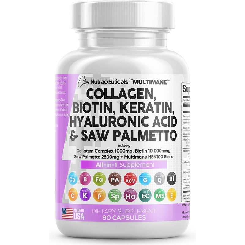 Clean Nutraceuticals Collagen Pills 1000mg Biotin 10000mcg Keratin Saw Palmetto 2500mg Hyaluronic Acid - Hair Skin and Nails Vitamins and DHT Blocker with Vitamin E Folic Acid Pumpkin Seed MSM Made in USA - 90 Count