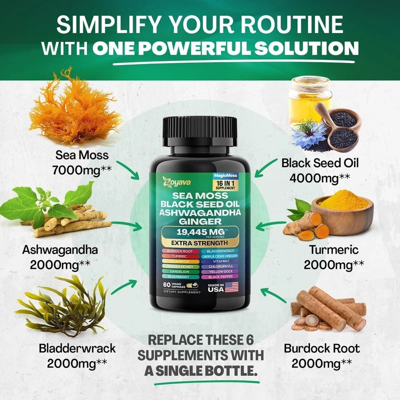 Zoyava Sea Moss 7000mg Black Seed Oil 4000mg Ashwagandha 2000mg Turmeric 2000mg Bladderwrack 2000mg Burdock 2000mg & Ginger Vitamin C Vitamin D3 with Elderberry Manuka Dandelion Yellow Dock Chlorophyll ACV, 60 count