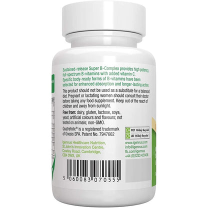 Igennus Methylated Super B-Complex, Vitamin B Complex with Vitamin C & Methylfolate, Sustained Release, 60-180 Tablets