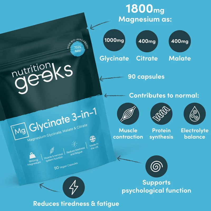 Nutrition Geeks Magnesium Glycinate 3-in-1 Complex, 90 Vegan Capsules