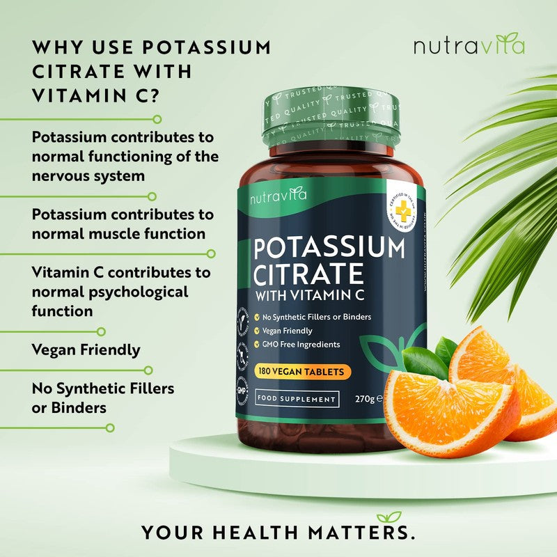 Nutravita Potassium Supplement 1390mg with Vitamin C - 180 Vegan Potassium Tablets (3 Month Supply) - High Strength Potassium Citrate - Electrolytes Support - Contributes to Normal Muscle Function