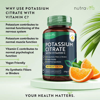 Nutravita Potassium Supplement 1390mg with Vitamin C - 180 Vegan Tablets (3 Month Supply)