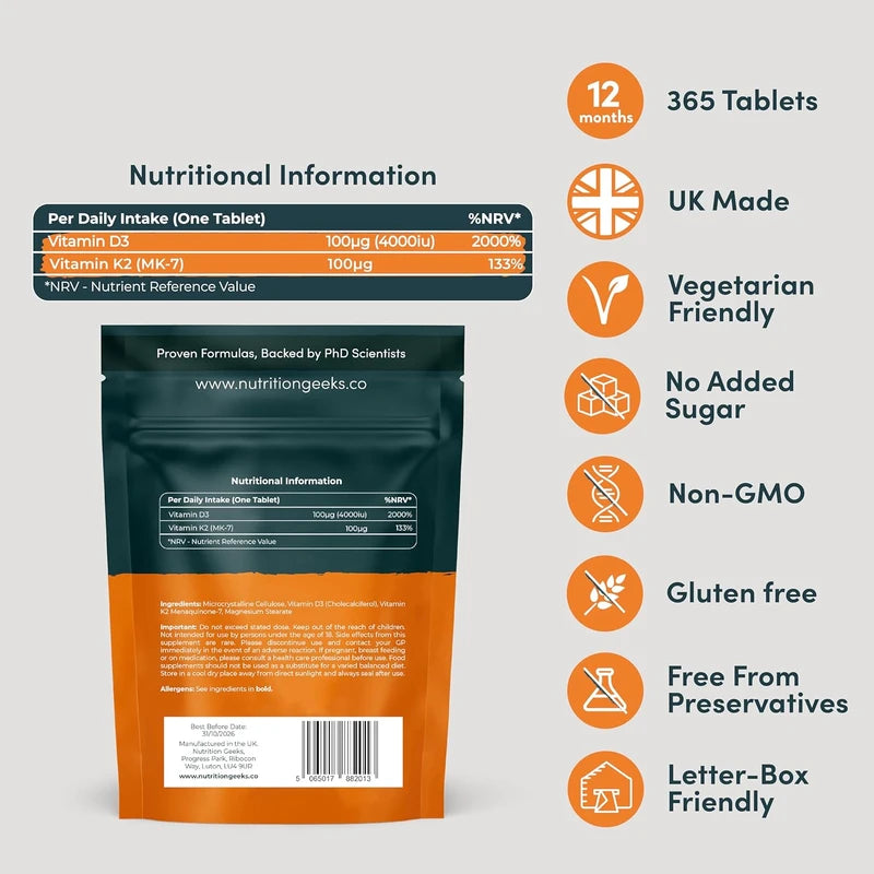 Nutrition Geeks Vitamin D3 4000iu + Vitamin K2 (MK7), 12 months supply (365 tablets)