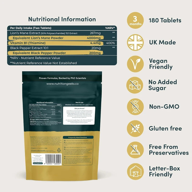 Nutrition Geeks Lion's Mane Focus+ 4000mg Tablets | 3 Months Supply, 180 Vegan Tablets, UK Made