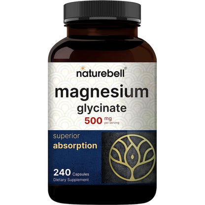 NatureBell Magnesium Glycinate Capsules 500mg | 240 Count, 100% Chelated & Purified, 3rd Party Tested, Non-GMO & Gluten Free