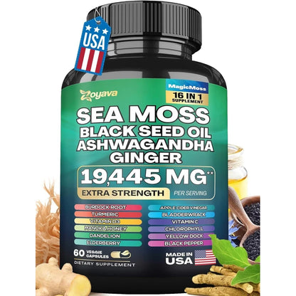 Zoyava Sea Moss 7000mg Black Seed Oil 4000mg Ashwagandha 2000mg Turmeric 2000mg Bladderwrack 2000mg Burdock 2000mg & Ginger Vitamin C Vitamin D3 with Elderberry Manuka Dandelion Yellow Dock Chlorophyll ACV, 60 count